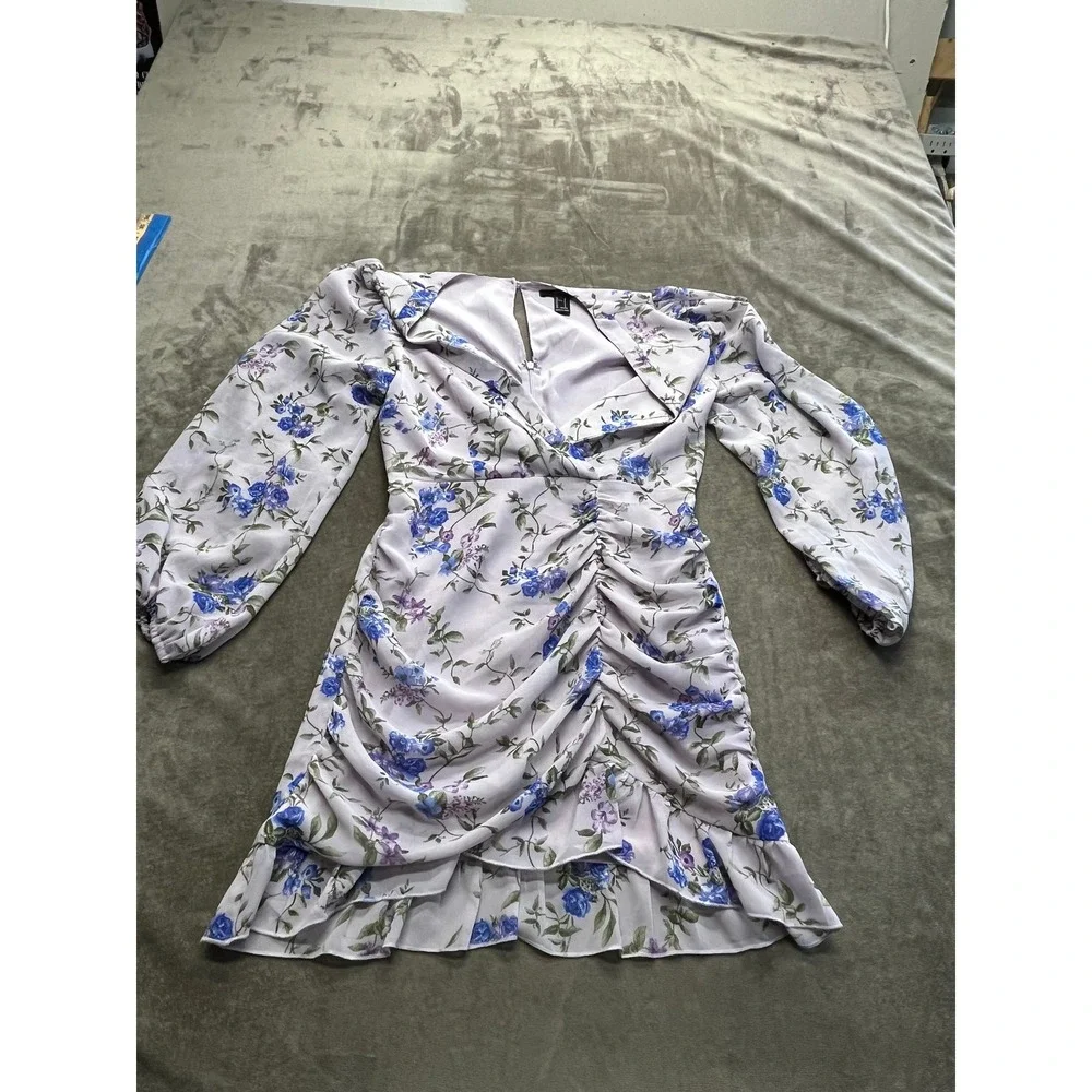 Forever 21 Lavender Blue Floral Ruched Mini Dress‎ Long Sleeve Surplice V-Neck S